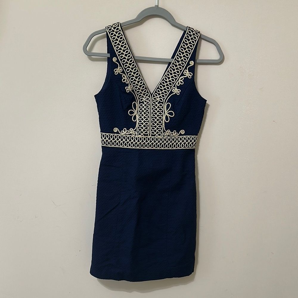 Lilly Pulitzer Aveline Shift in True Navy Gold Cording Dress 0 $228
